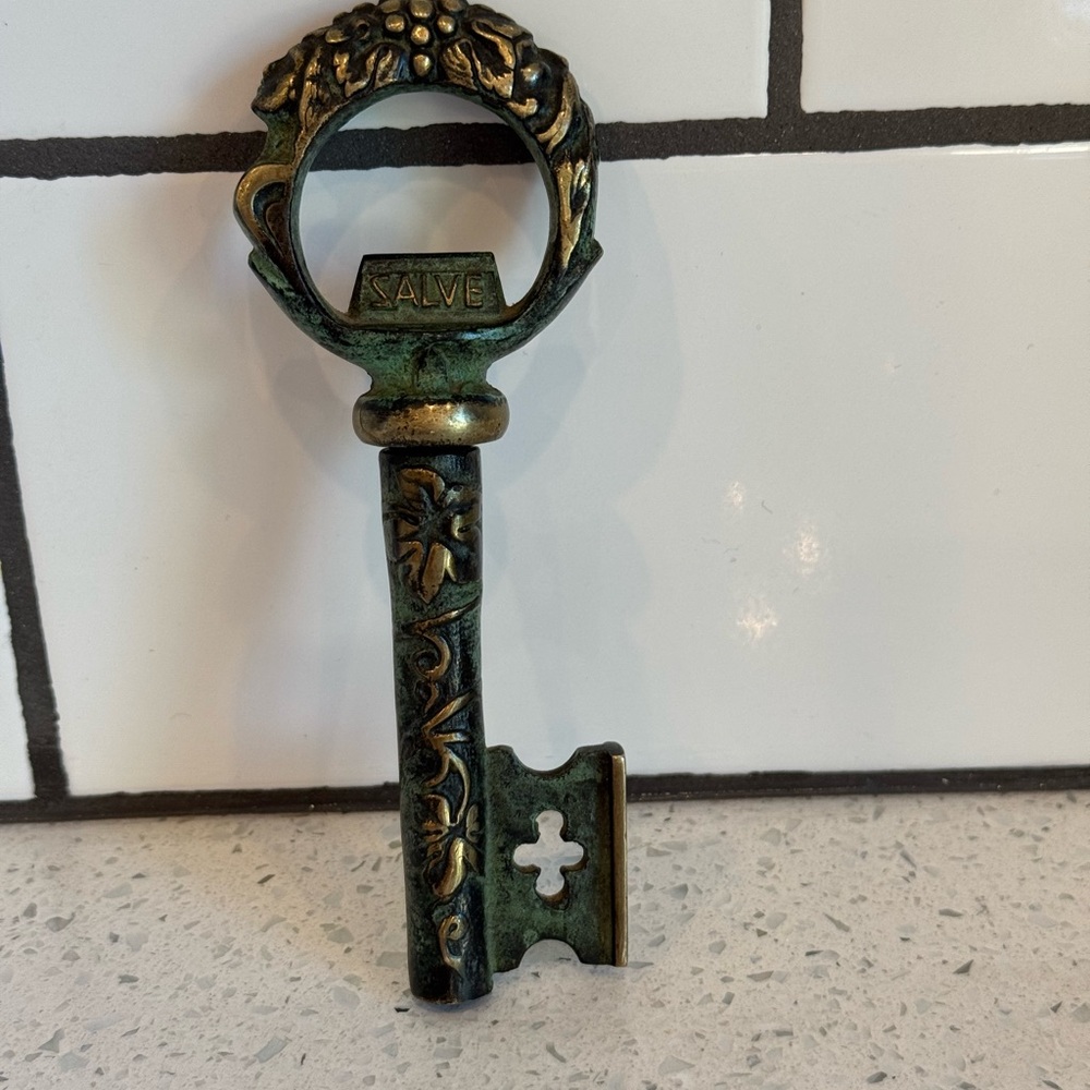 Vintage Brass Key Corkscrew with Patina